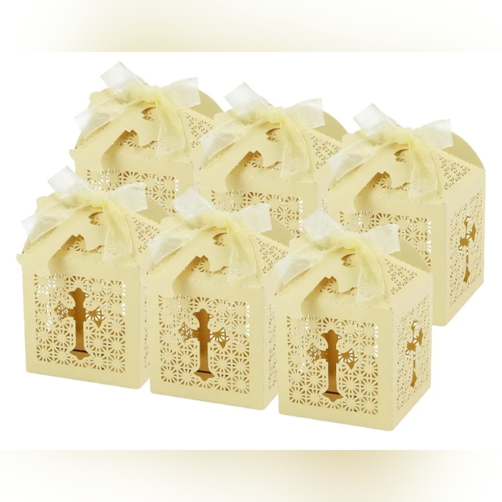 Wedding or Baby Shower Gold Favor Boxes With Ribbons 70 Pc